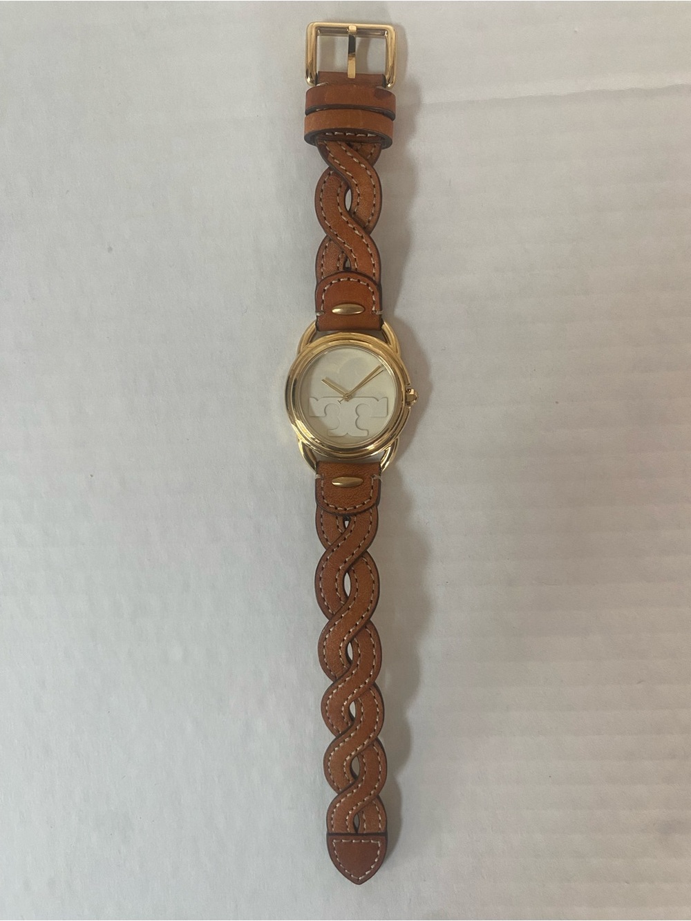 Tory Burch Braided Tan Leather Strap Watch with Gold Case